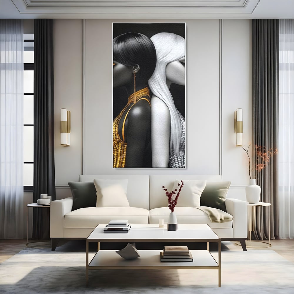 Tablou canvas cu tablou canvas cu doua fete in contrast, in rama de aluminiu argintiu, pe perete intr-un living